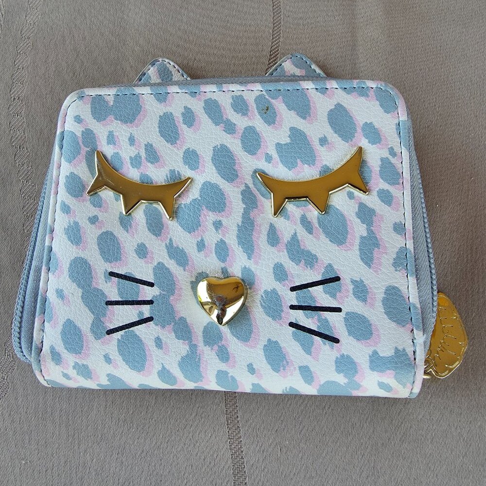 Betsey Johnson Leopard Print Pink, White & Blue Kitty Cat Bag Wallet EUC